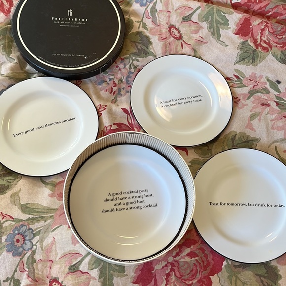 POTTERY BARN Cocktail Plate Set-of-4 White Porcelain Black "Cocktail Quotations" - Picture 4 of 15
